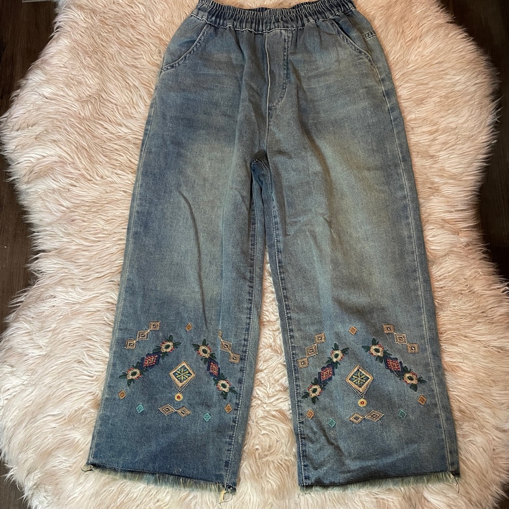 Embroidered Bohemian Baggy Blue Jeans